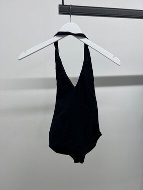 American Apparel Black Halter Deep V Bodysuit